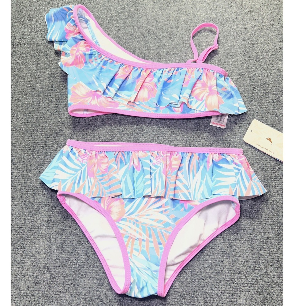 Tommy Bahama Girls Tropical Floral One Shoulder Ruffle Bikini Set Size 12 NEW